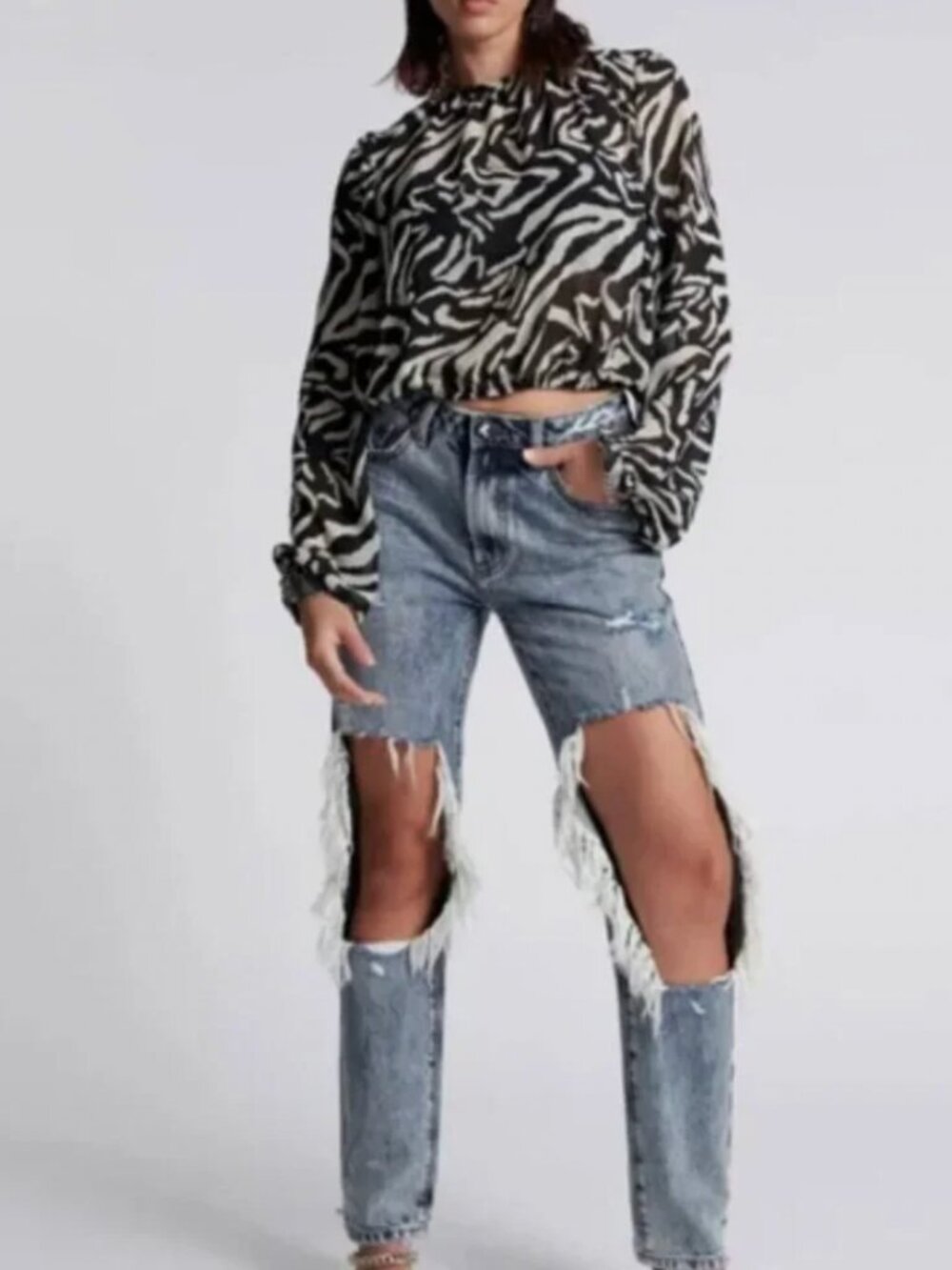 One Teaspoon Jeans Distressed Denim Awesome Baggies Blue Blossom High Waist